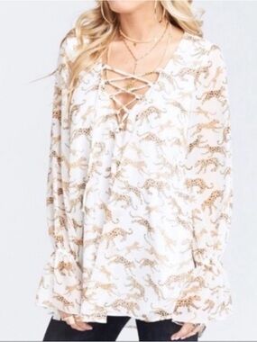 Show Me Your Mumu Leopard Animal Print Chiffon Tunic Top Lace up Ruffle Sleeves